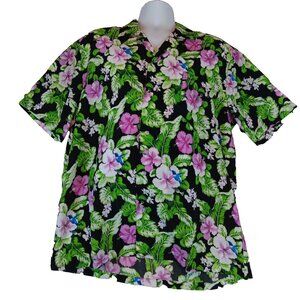 Hawaiian Tropical Mens Large Colorful Floral with Hummingbirds Button NWT!